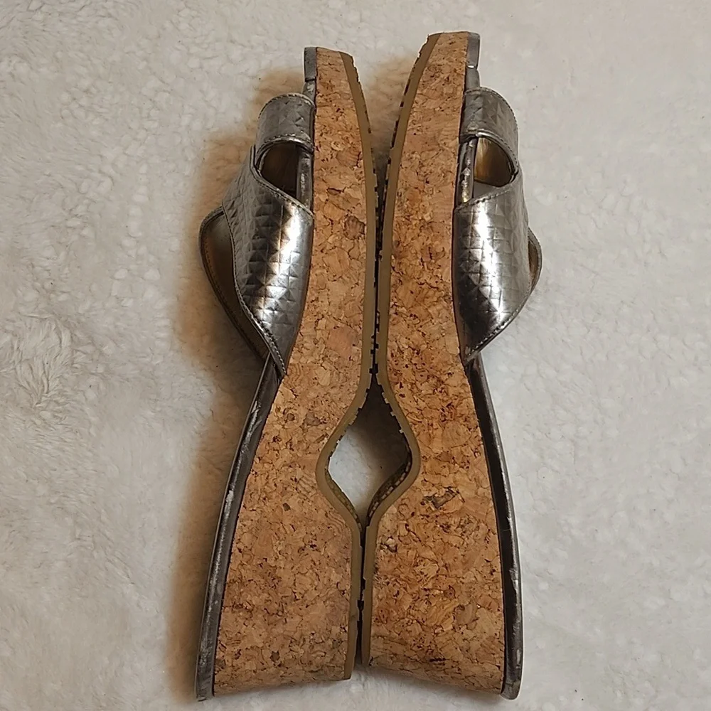 Jimmy Choo Silver Metallic Embossed Leather Panna Cork Slides Size 37.5